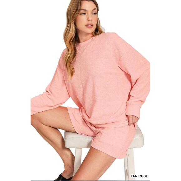 Zenana Outfitters Tops - #2530 Zenana NWOT Tan Rose Cotton Slub Pullover & Shorts 2 Pc Set Size Small